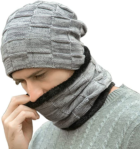 Men's Gray Ribbed Thermal Fleece Winter Hat & Neck Warmer Set