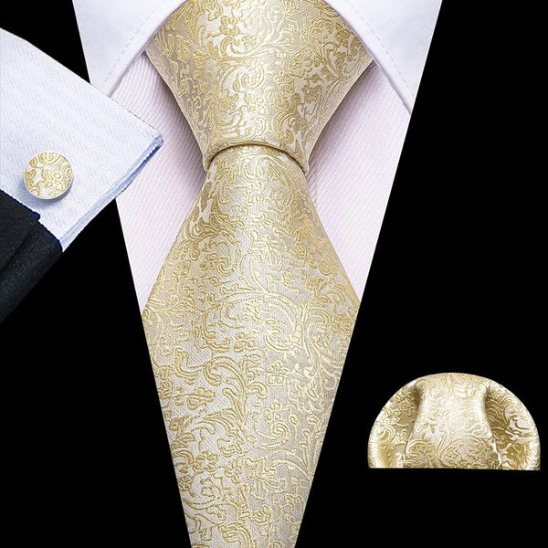 Men's Gold Print Silk Tie Set w/Handkerchief & Cufflinks