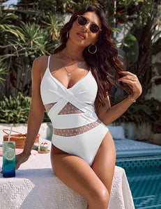 Beautiful White V-Neck One Piece Bathing Suit Mesh Swimwear