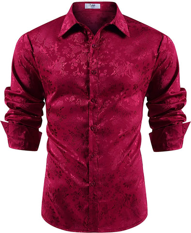 Men's Shiny Satin Wine Red Floral Button Down Long Sleeve Shirt