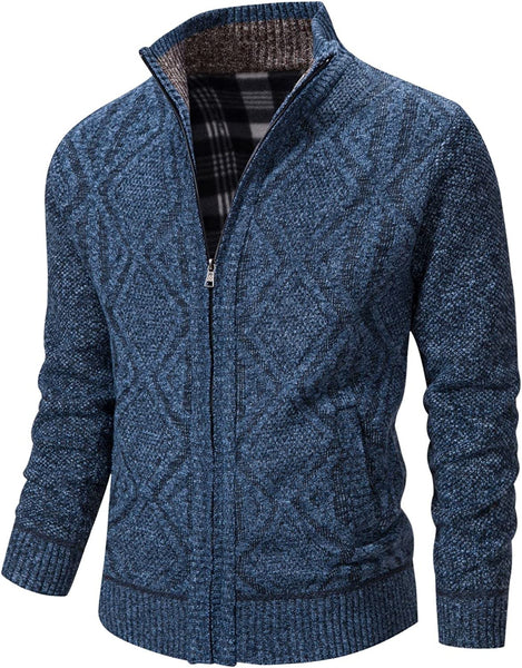 Blue Slim Fit Sweater Knitted Cardigan with Pockets