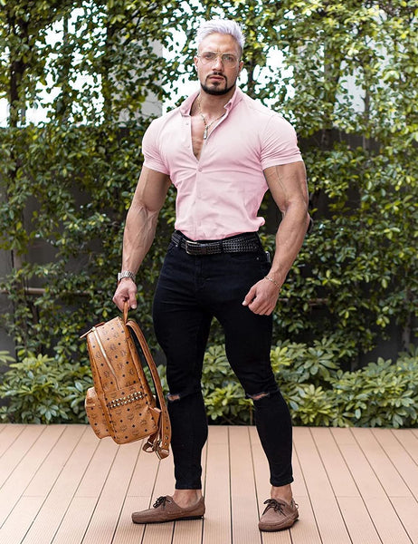 Muscle Stretch Pink Button Down Short Sleeve Dress Shirt