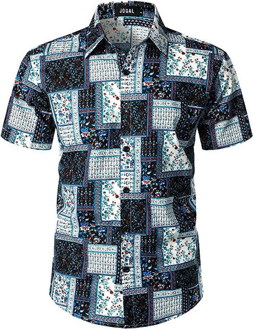 Men's Short Sleeve Button Black Floral Printed Shirt