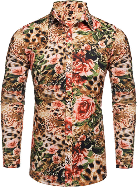 Leopard Luxury Design Print Long Sleeve Men's Dress Shirt