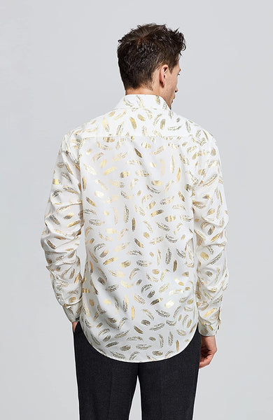 Shiny Luxury White Feather Print Long Sleeve Button Down Men's Shirt