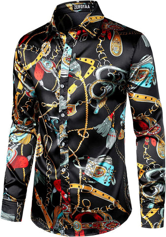 Men's Hipster Black Printed Satin Button Up Dress Shirt