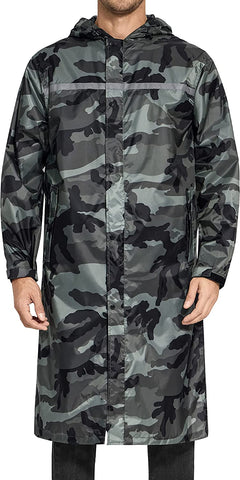 Men's Camo Hooded Reflective Lightweight Long Rain Jacket