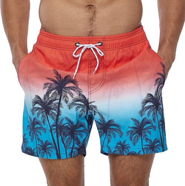 Men's Blue/Red Palm Tree Printed Short Swim Trunks