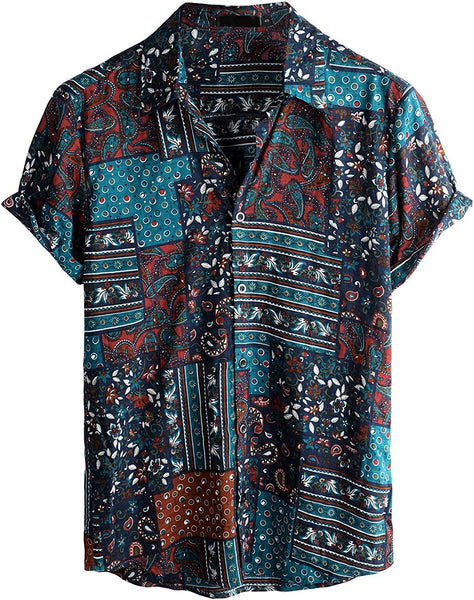 Men's Brown/Blue Paisley Print Casual Short Sleeve Shirt