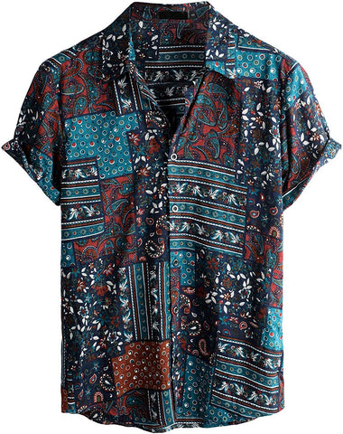 Men's Brown/Blue Paisley Print Casual Short Sleeve Shirt