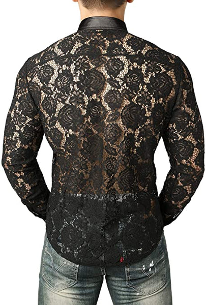 Men's Designer Black Rose Floral Lace Long Sleeve Shirt