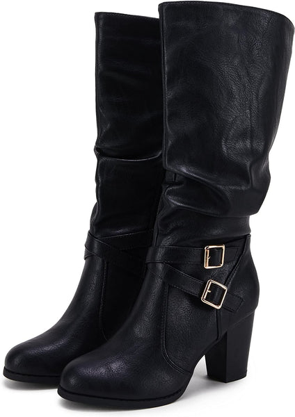 Classic Black Buckle Side Women's Chunky Heel Mid Calf Boots