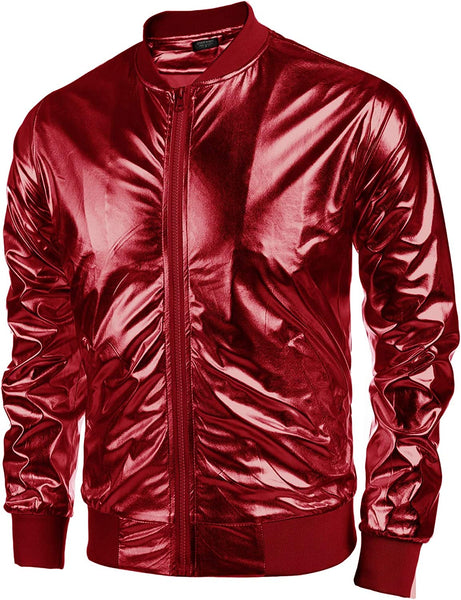 Vintage Red Zip-Up Baseball Bomber Men's Metallic Jacket