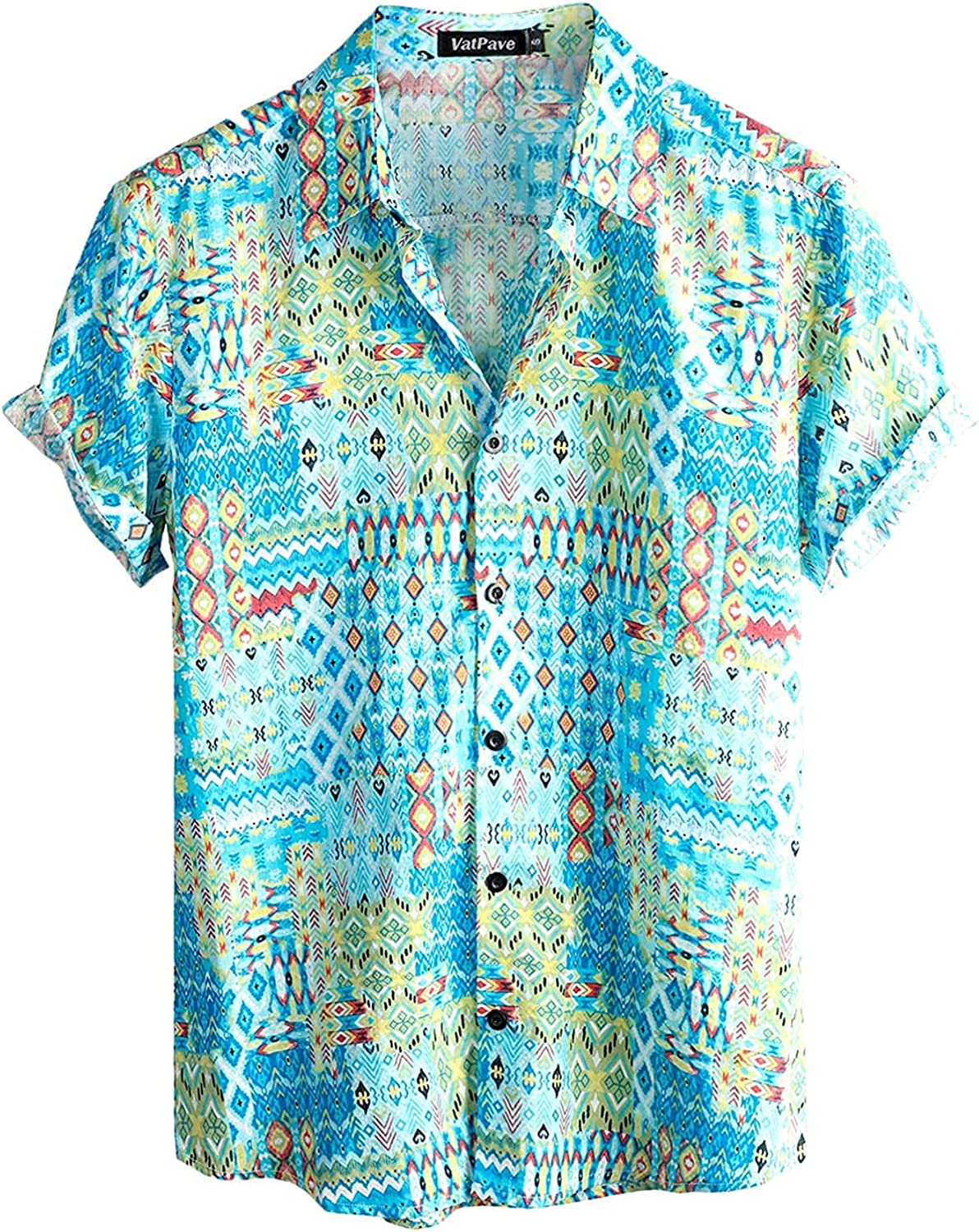 Men's Light Blue Diamond Print Casual Short Sleeve Shirt