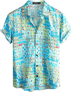 Men's Light Blue Diamond Print Casual Short Sleeve Shirt