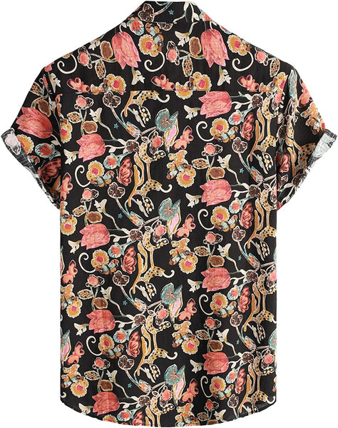 Men's Black Pink Floral Print Casual Short Sleeve Shirt