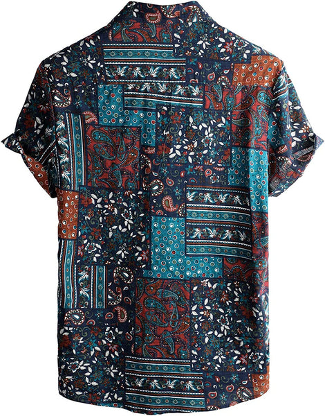 Men's Brown/Blue Paisley Print Casual Short Sleeve Shirt