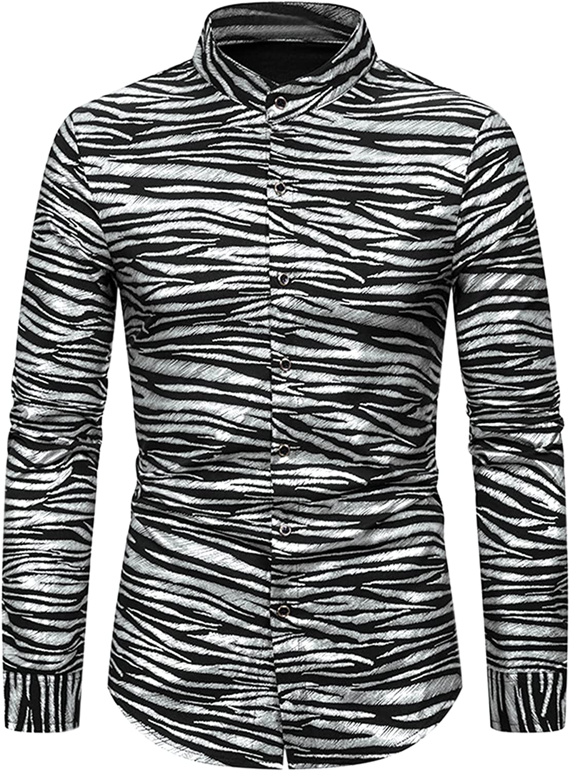 Silver Animal Printed Button Down Long Sleeve Men's Dress Shirt