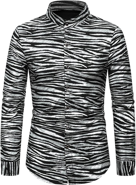 Silver Animal Printed Button Down Long Sleeve Men's Dress Shirt