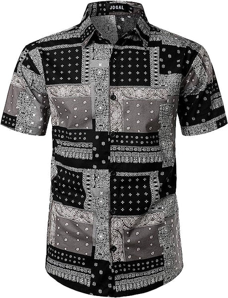 Men's Short Sleeve Button Grey/White Printed Shirt