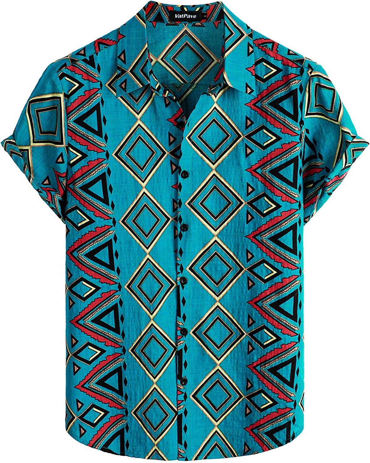 Men's Turquoise Blue Diamond Print Casual Short Sleeve Shirt