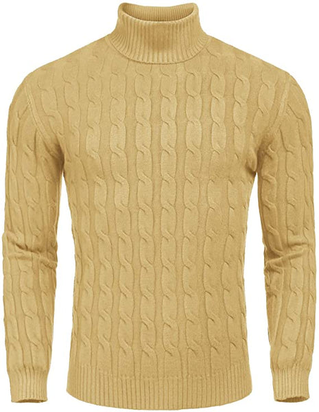 Men's White Cable Knit Long Sleeve Turtleneck Sweater