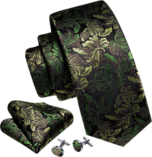 Men's Gold Print Silk Tie Set w/Handkerchief & Cufflinks