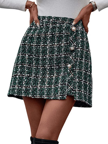 Green Plaid Tweed Button Up Skirt