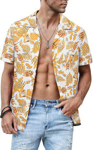 Men's Casual Yellow Floral Short Sleeve Hawaiian Shirt