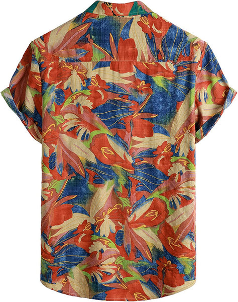 Men's Orange Floral Print Casual Short Sleeve Shirt