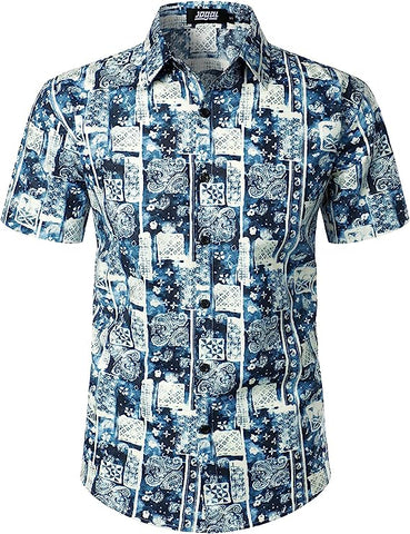Men's Vintage Style Short Sleeve Button Down Bandana Blue/White Shirt