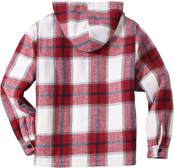 Men's Sherpa Red Plaid Long Sleeve Fleece Hooded Jacket