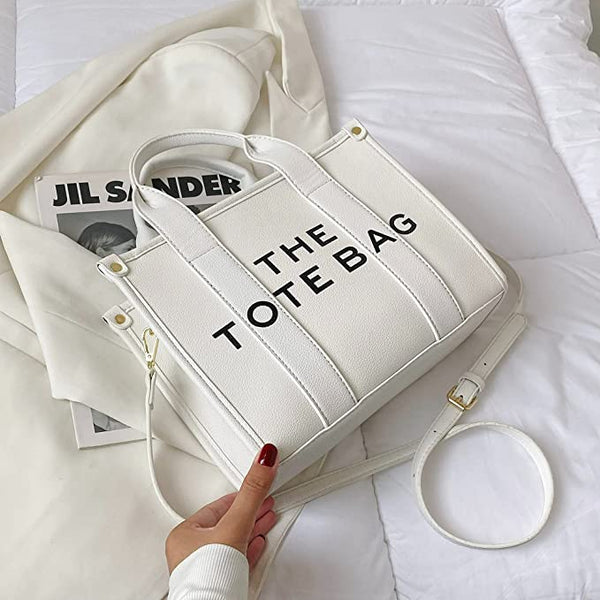 Trendy White Top Handle Tote Bag w/Strap