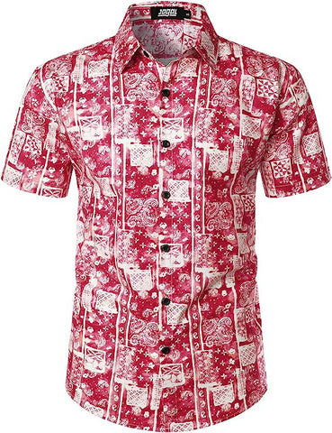 Men's Short Sleeve Button Down Red Bandana Printed Shirt