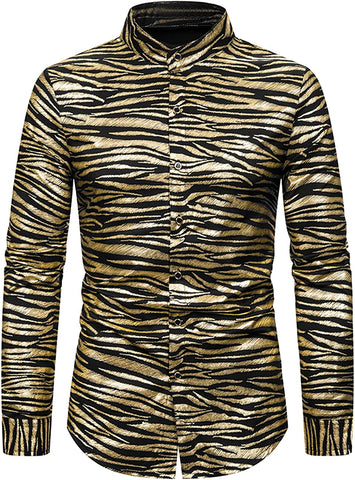 Gold Animal Printed Button Down Long Sleeve Men's Dress Shirt