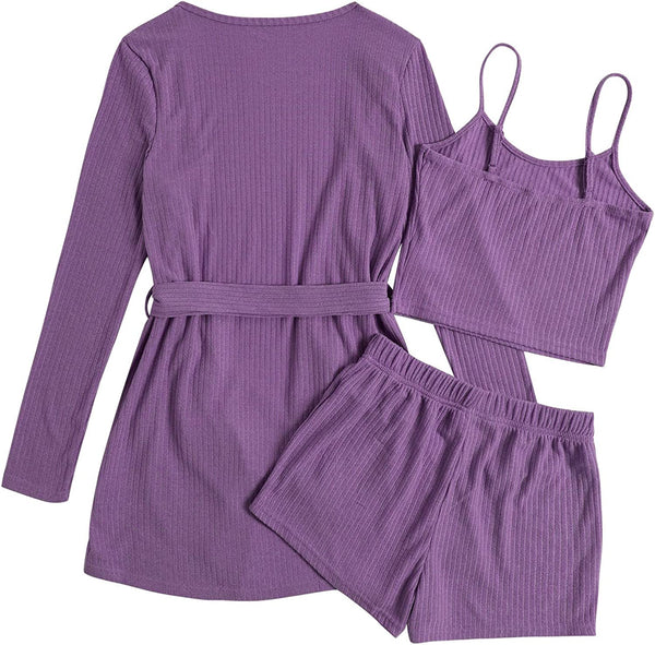 Purple 3 Piece Top & Shorts Lounge Sleepwear Pajama Set with Robe