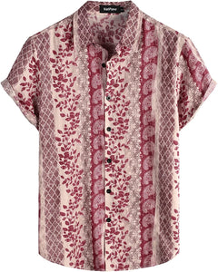 Men's Red Floral Print Casual Short Sleeve Shirt