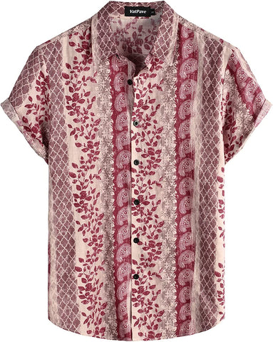 Men's Red Floral Print Casual Short Sleeve Shirt