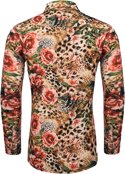 Leopard Luxury Design Print Long Sleeve Men's Dress Shirt