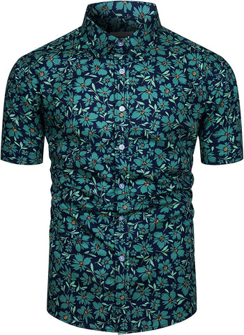 Men's Hawaiian Emerald Green Floral Button Up Short Sleeve Shirt