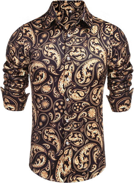 Black Luxury Design Print Long Sleeve Men's Dress Shirt