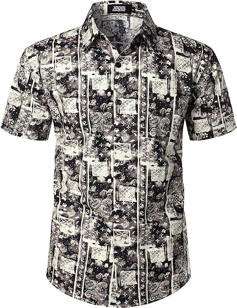 Men's Short Sleeve Button Grey/White Printed Shirt