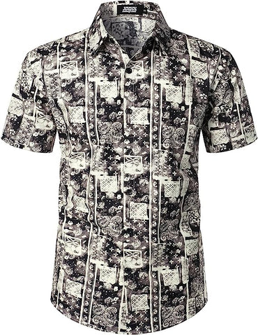 Men's Short Sleeve Button Grey/White Printed Shirt