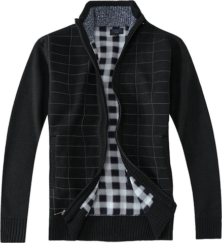 Men's Knitted Black Checkered Design Full Zip Sweater Jacket