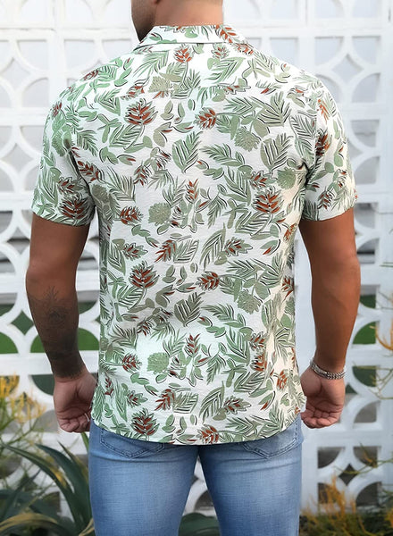 Men's Casual Green Floral Short Sleeve Hawaiian Shirt