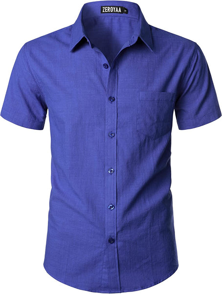 Men's Navy Blue Linen Button Up Short Sleeve Shirt