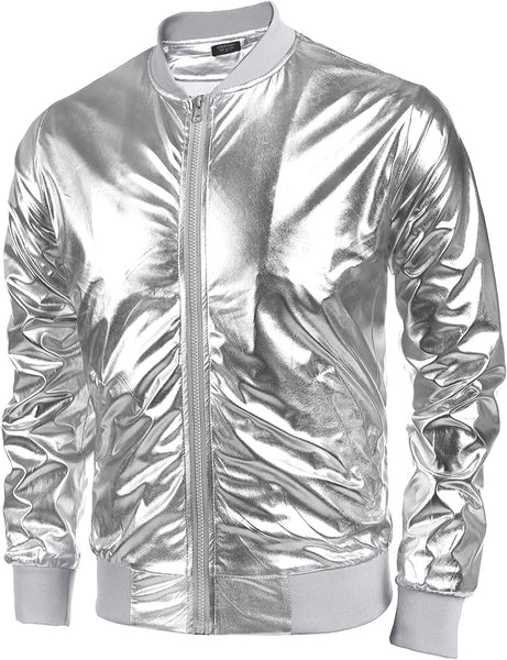 Vintage Silver Zip-Up Baseball Bomber Men's Metallic Jacket