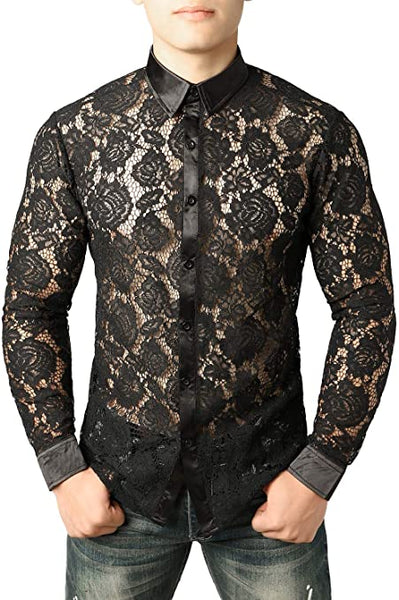 Men's Designer Black Rose Floral Lace Long Sleeve Shirt