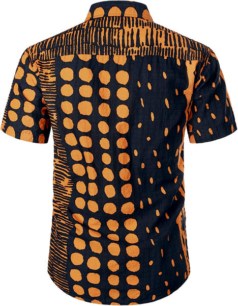 Printed Orange Abstract Short Sleeve Button Down Beach Shirt