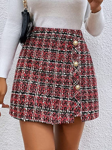 Red Plaid Tweed Button Up Skirt